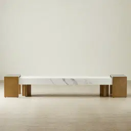 Grayson Brushed Bronze Entertainment Unit with Statuario White Sintered Stone Top