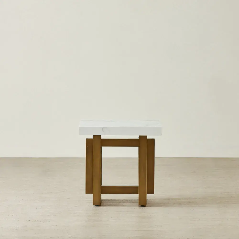 Grayson Statuario White Sintered Stone Side Table - Brushed Bronze Legs