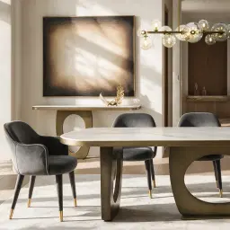 Aspen Statuario White Sintered Stone Curved Dining Table - Brushed Bronze Legs 200x118cm