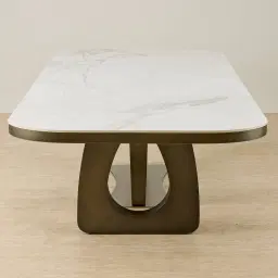 Aspen Statuario White Sintered Stone Curved Dining Table - Brushed Bronze Legs 270x118cm