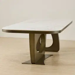 Aspen Statuario White Sintered Stone Curved Dining Table - Brushed Bronze Legs 270x118cm
