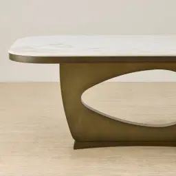 Aspen Statuario White Sintered Stone Curved Dining Table - Brushed Bronze Legs 270x118cm
