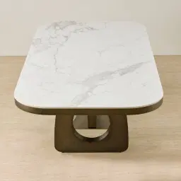 Aspen Statuario White Sintered Stone Curved Dining Table - Brushed Bronze Legs 270x118cm