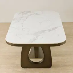 Aspen Statuario White Sintered Stone Curved Dining Table - Brushed Bronze Legs 240x118cm