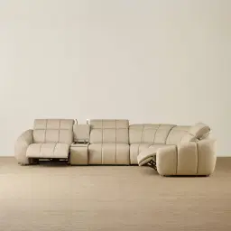 Aranda Champagne Beige Semi Aniline Leather 6 Piece Corner Modular Dual Electric Recliner with Console