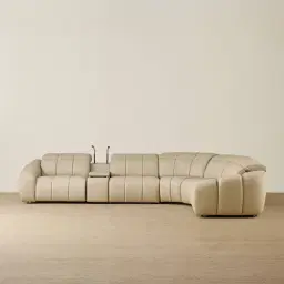 Aranda Champagne Beige Semi Aniline Leather 6 Piece Corner Modular Dual Electric Recliner with Console