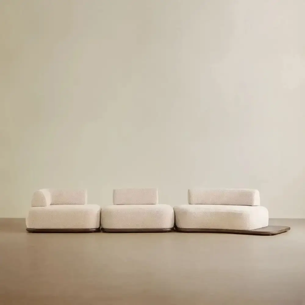 Bellagio Mid Beige Woven Fabric 3 Pieces Modular Sofa With Right Terminal and Side Platform