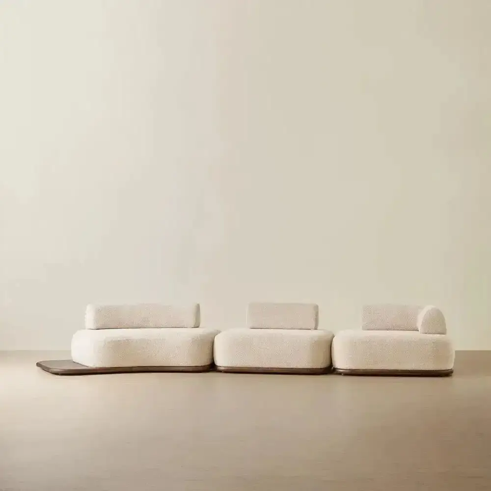 Bellagio Mid Beige Woven Fabric 3 Pieces Modular Sofa With Left Terminal and Side Platform