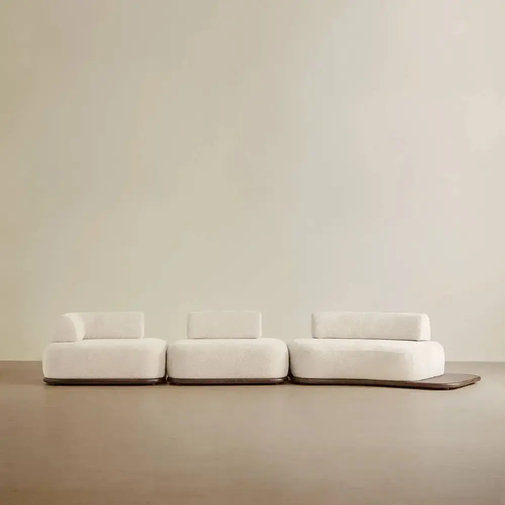 Bellagio Stone Cream Woven Fabric 3 Pieces Modular Sofa With Right Terminal and Side Platform