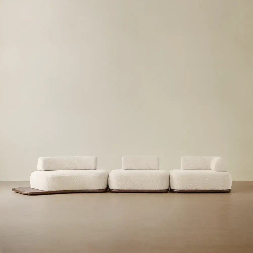 Bellagio Stone Cream Woven Fabric 3 Pieces Modular Sofa With Left Terminal and Side Platform