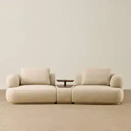 Elio Pearl Beige Fabric 3 Pieces Modular Sofa with Ottoman Table with Charger