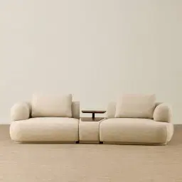 Elio Pearl Beige Fabric 3 Pieces Modular Sofa with Ottoman Table with Charger