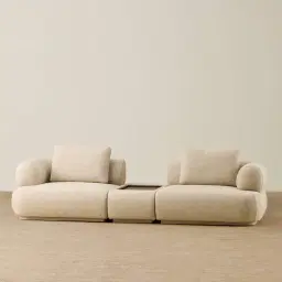 Elio Pearl Beige Fabric 3 Pieces Modular Sofa with Ottoman Table with Wooden Tray