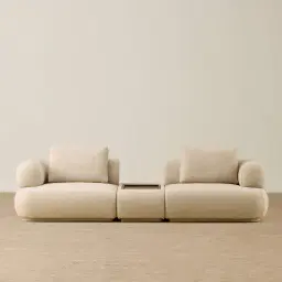 Elio Pearl Beige Fabric 3 Pieces Modular Sofa with Ottoman Table with Wooden Tray