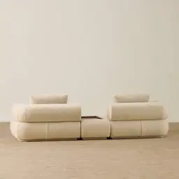 Elio Pearl Beige Fabric 3 Pieces Modular Sofa with Ottoman Table with Wooden Tray