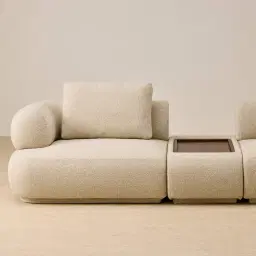 Elio Pearl Beige Fabric 3 Pieces Modular Sofa with Ottoman Table with Wooden Tray