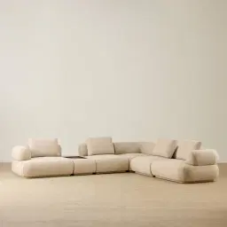 Elio Pearl Beige Fabric 6 Pieces Modular Corner Sofa with Ottoman Table and Left and Right Arm