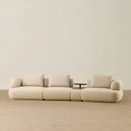 Elio Pearl Beige Fabric 4 Pieces Modular Sofa with Ottoman Table with Charger