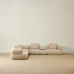 Elio Pearl Beige Fabric 7 Pieces Modular Corner Sofa with Ottoman Tables and Left and Right Arm