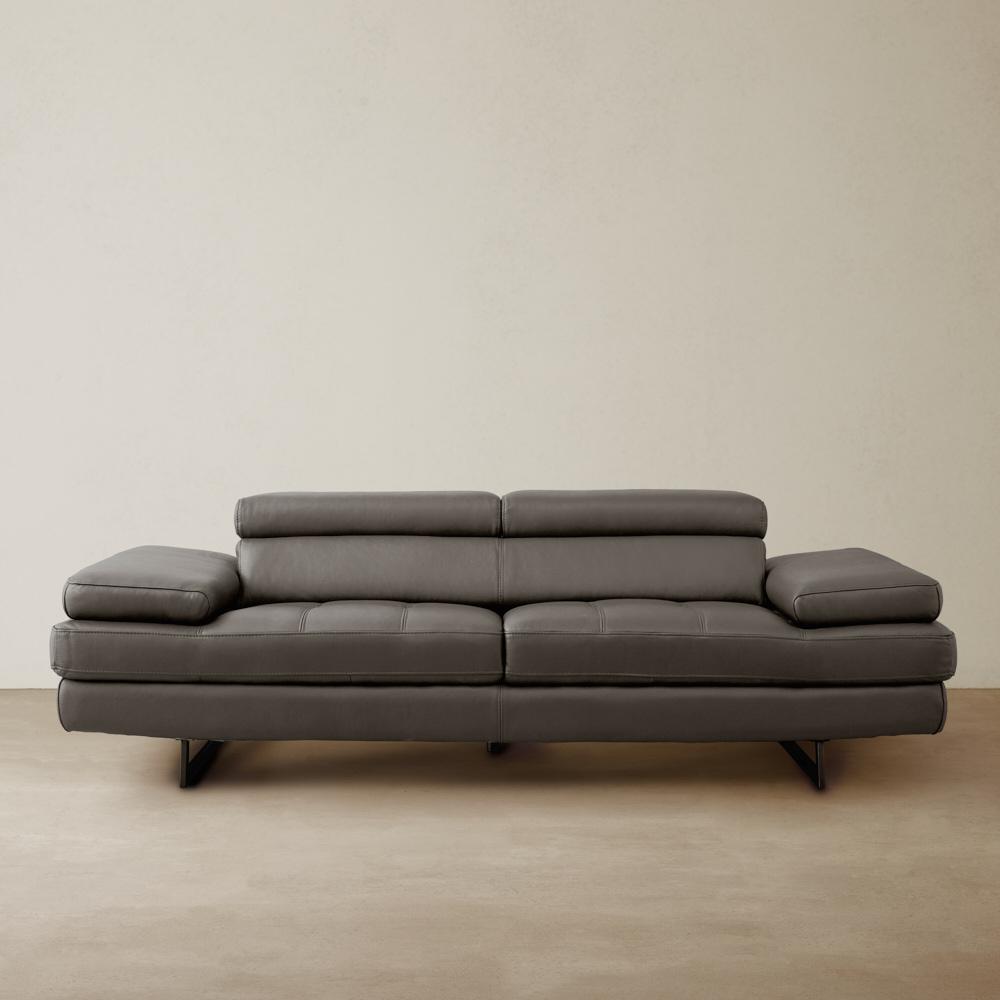Lennox Warm Stone Grey Leather 3-Seater Sofa - Black Legs