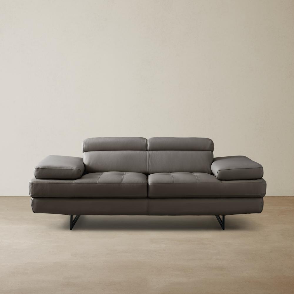Lennox Warm Stone Grey Leather 2-Seater Sofa - Black Legs
