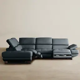 Alessia Night Blue Leather Dual Electric Recliner Lounge - Left - Black Legs