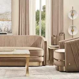 Crown Peacock Blue Velvet 3-Seater Sofa - Champagne Gold Stainless Steel Legs
