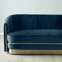 Crown Navy Blue Velvet 3-Seater Sofa - Champagne Gold Stainless Steel Legs