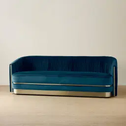 Crown Navy Blue Velvet 3-Seater Sofa - Champagne Gold Stainless Steel Legs