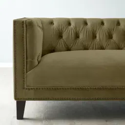 Vogue Olive Green Velvet 3-Seater Sofa - Dark Brown Legs