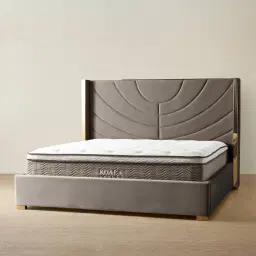 Gertrude Mushroom Velvet Queen Bed - Brushed Champagne Gold Stainless Steel Frame