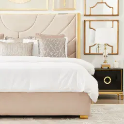 Gertrude Mushroom Velvet Queen Bed - Brushed Champagne Gold Stainless Steel Frame