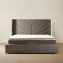 Gertrude Mushroom Velvet Queen Bed - Brushed Champagne Gold Stainless Steel Frame