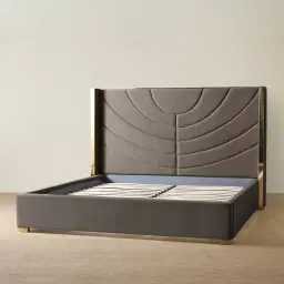 Gertrude Mushroom Velvet Queen Bed - Brushed Champagne Gold Stainless Steel Frame