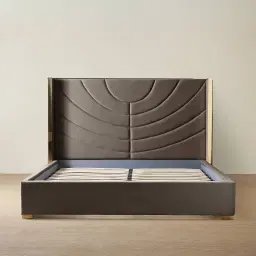 Gertrude Mushroom Velvet Queen Bed - Brushed Champagne Gold Stainless Steel Frame