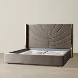 Gertrude Mushroom Velvet Queen Bed - Brushed Champagne Gold Stainless Steel Frame