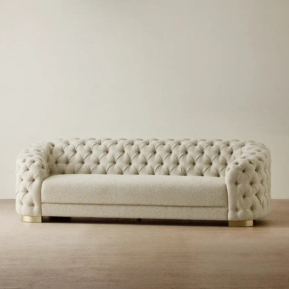 Kelly Pearl Beige Fabric 3-Seater Sofa - Champagne Gold Legs