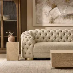Kelly Pearl Beige Fabric 3-Seater Sofa - Champagne Gold Legs
