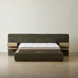 Riviera Green Chenille Fabric King Bed with Medium Brown Ash Veneer