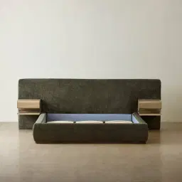 Riviera Green Chenille Fabric King Bed with Medium Brown Ash Veneer