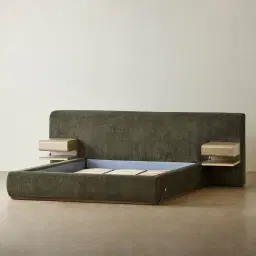 Riviera Green Chenille Fabric King Bed with Medium Brown Ash Veneer