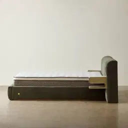 Riviera Green Chenille Fabric King Bed with Medium Brown Ash Veneer