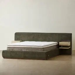 Riviera Green Chenille Fabric King Bed with Medium Brown Ash Veneer