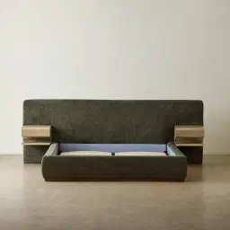 Riviera Green Chenille Fabric Queen Bed with Medium Brown Ash Veneer