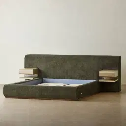 Riviera Green Chenille Fabric Queen Bed with Medium Brown Ash Veneer