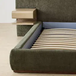 Riviera Green Chenille Fabric Queen Bed with Medium Brown Ash Veneer