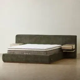 Riviera Green Chenille Fabric Queen Bed with Medium Brown Ash Veneer