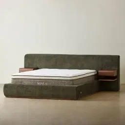 Riviera Green Chenille Fabric Queen Bed with Smoky Ash Veneer