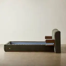 Riviera Green Chenille Fabric Queen Bed with Smoky Ash Veneer