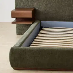 Riviera Green Chenille Fabric Queen Bed with Smoky Ash Veneer